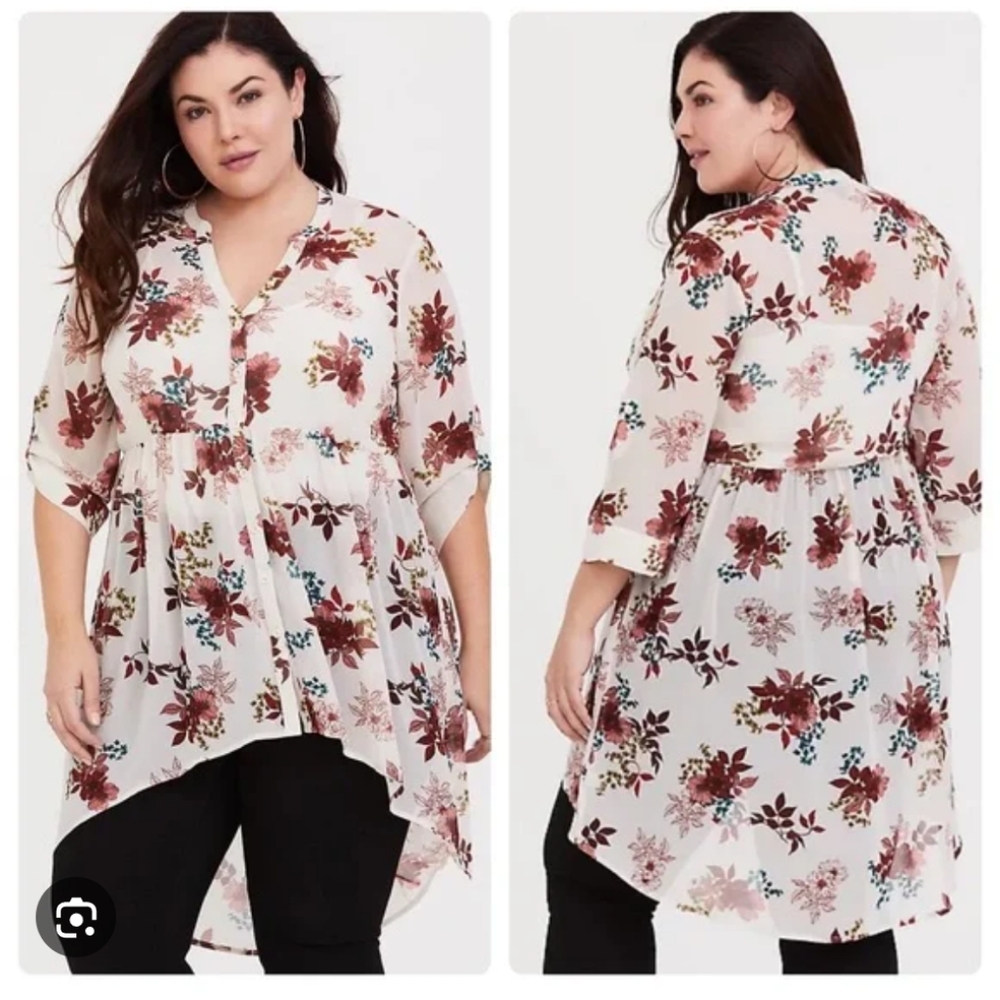 SZ0X Torrid Sheer White Hilow Floral Chiffon Top babydoll